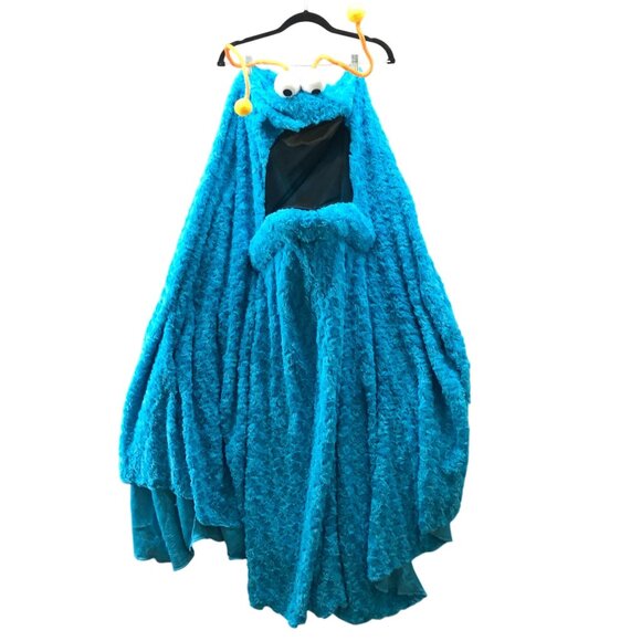 Cookie Monster Costume Poncho Adult One Size Eyes Antennae Hooded Blue Faux Fur - Picture 1 of 9